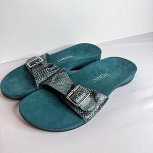 Vionic Santos Sandals Sz 9 Teal Green Snake Reptile Print Slides Comfort Walking